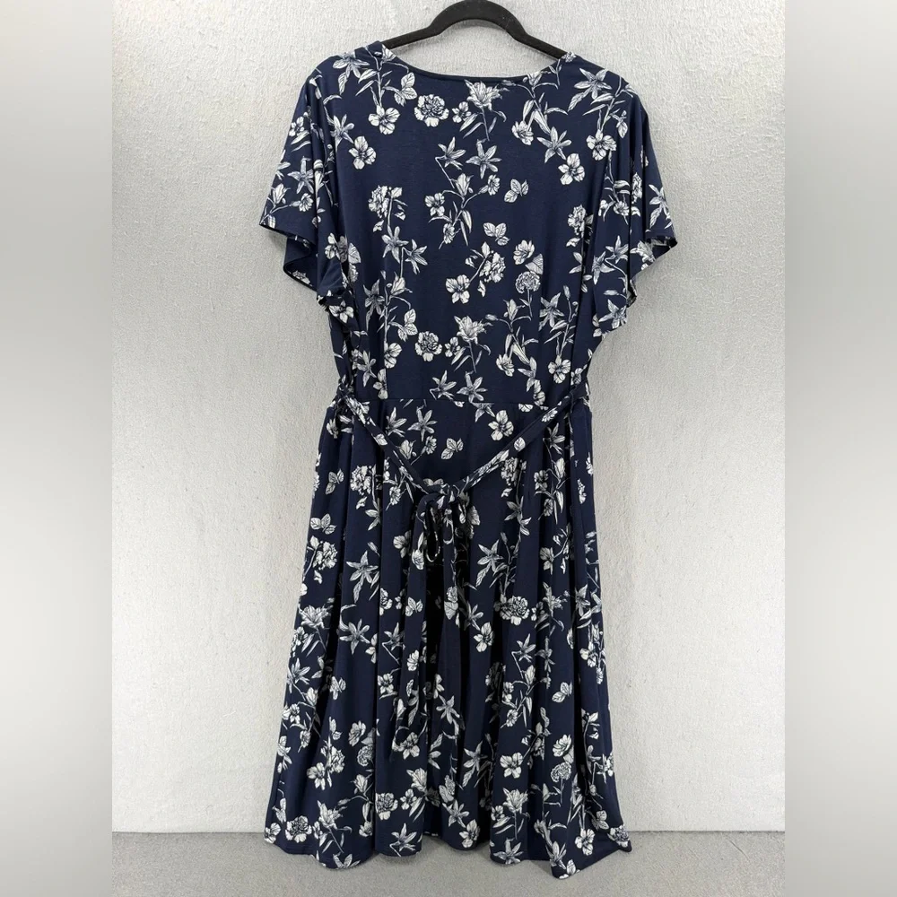 41 Hawthron Dress Womens 2X Navy White Flutter‎ Sleeve Botanical Garden Office